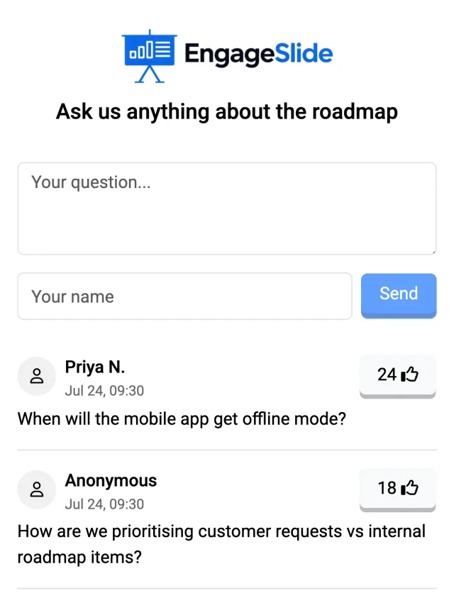 EngageSlide audience view on a phone after scanning the QR code, showing a live Q&A with upvoted questions
