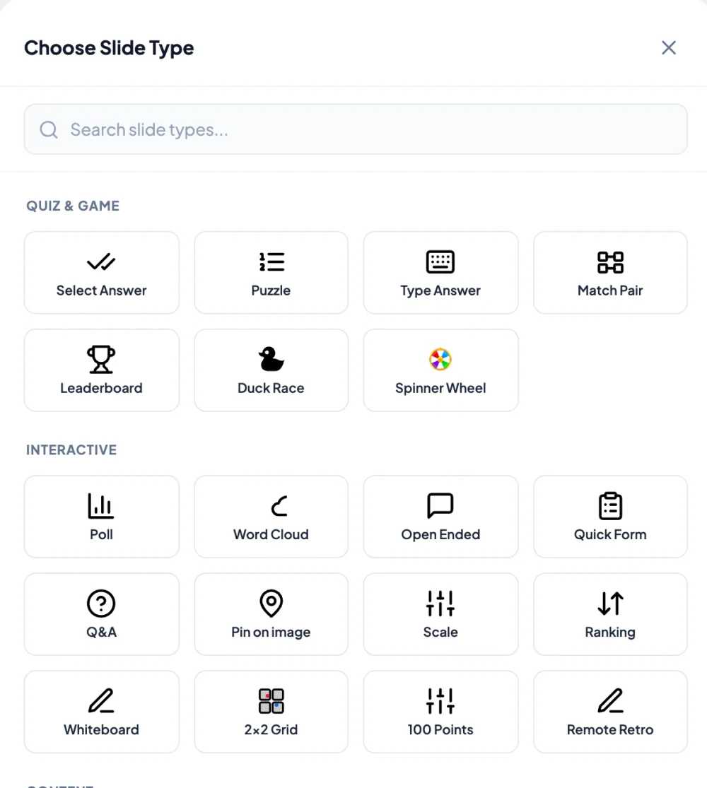 EngageSlide slide type picker showing quiz, poll, word cloud, Q&A, ranking, scale, 2×2 grid and 100-point slide types
