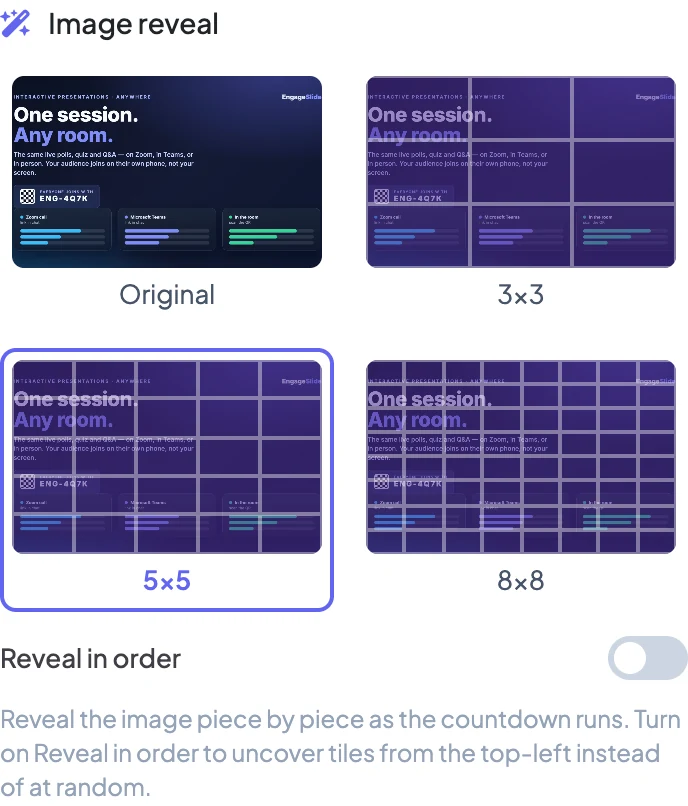 EngageSlide's Image reveal setting panel showing the Original, 3x3, 5x5 and 8x8 grid options over a quiz question image, with the 5x5 grid selected and a Reveal in order toggle