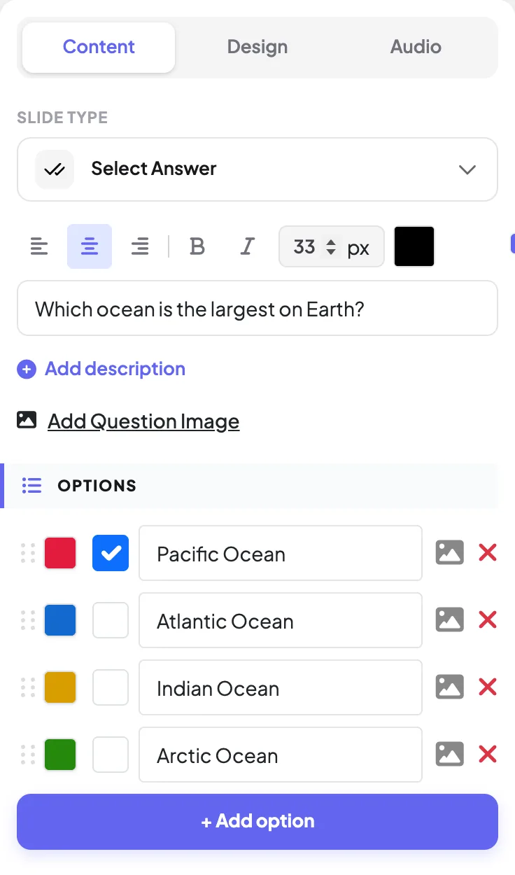 EngageSlide Select Answer editor showing a multiple choice quiz question with four colour-coded options and the correct answer ticked