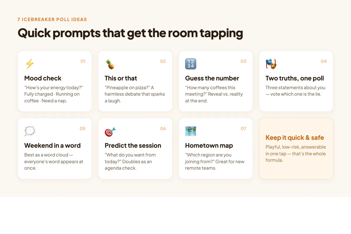 Seven poll icebreaker ideas: mood check, this or that, guess the number, two truths one poll, weekend in a word, predict the session, hometown map