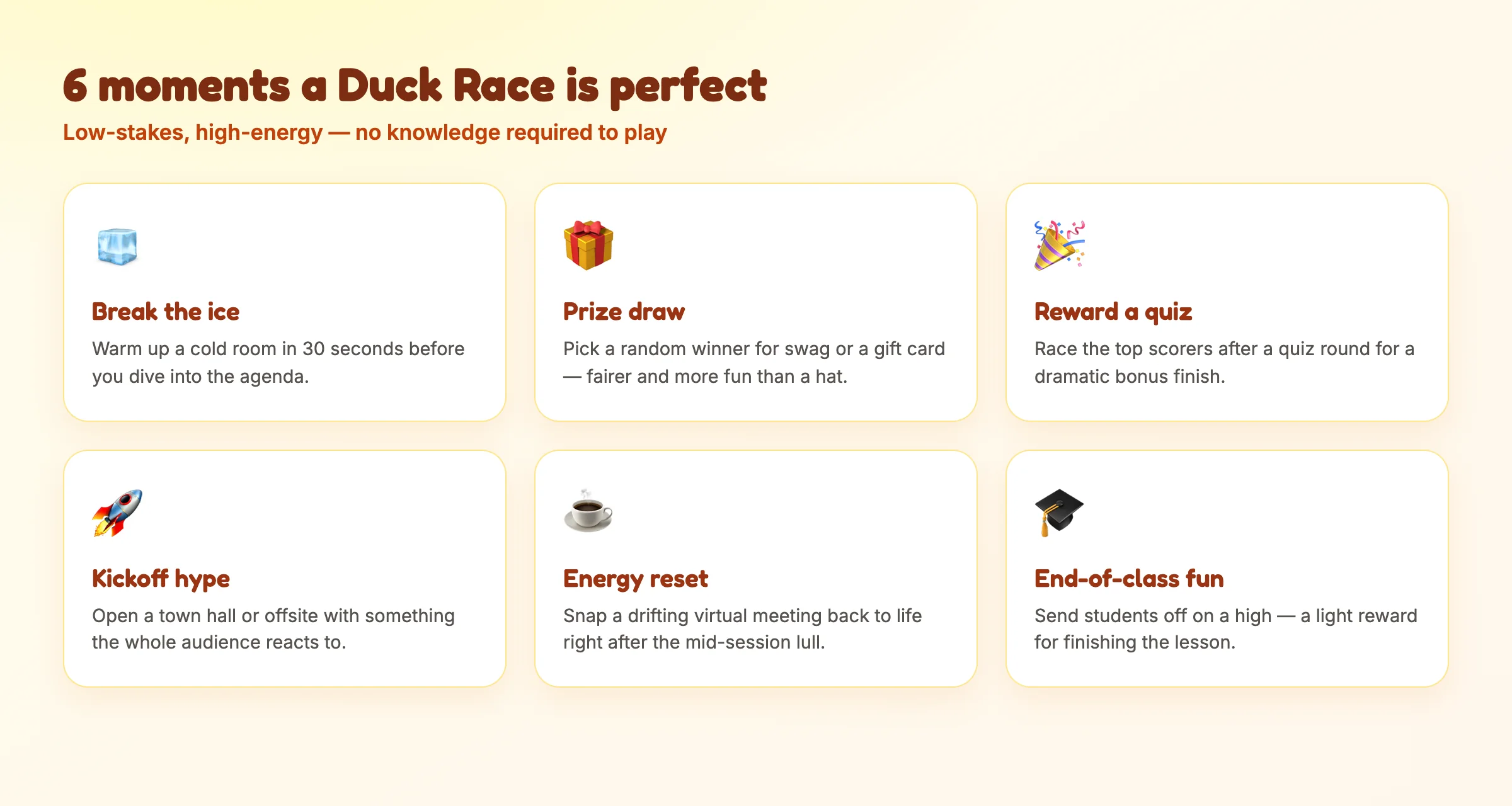 Six great moments to run a Duck Race in EngageSlide: break the ice, prize draw, reward a quiz, kickoff hype, energy reset, and end-of-class fun