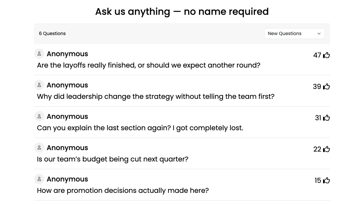 Anonymous live Q&A in EngageSlide: audience questions shown as Anonymous, sorted by upvotes