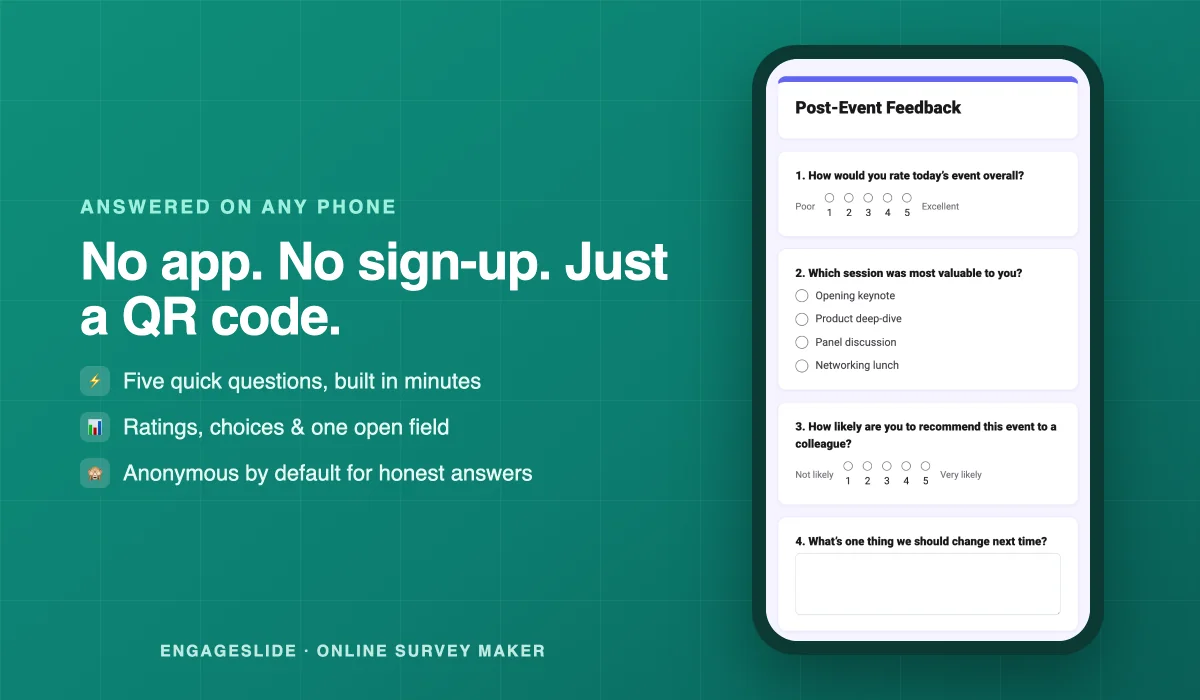 A post-event feedback survey answered on a phone in EngageSlide — no app or sign-up