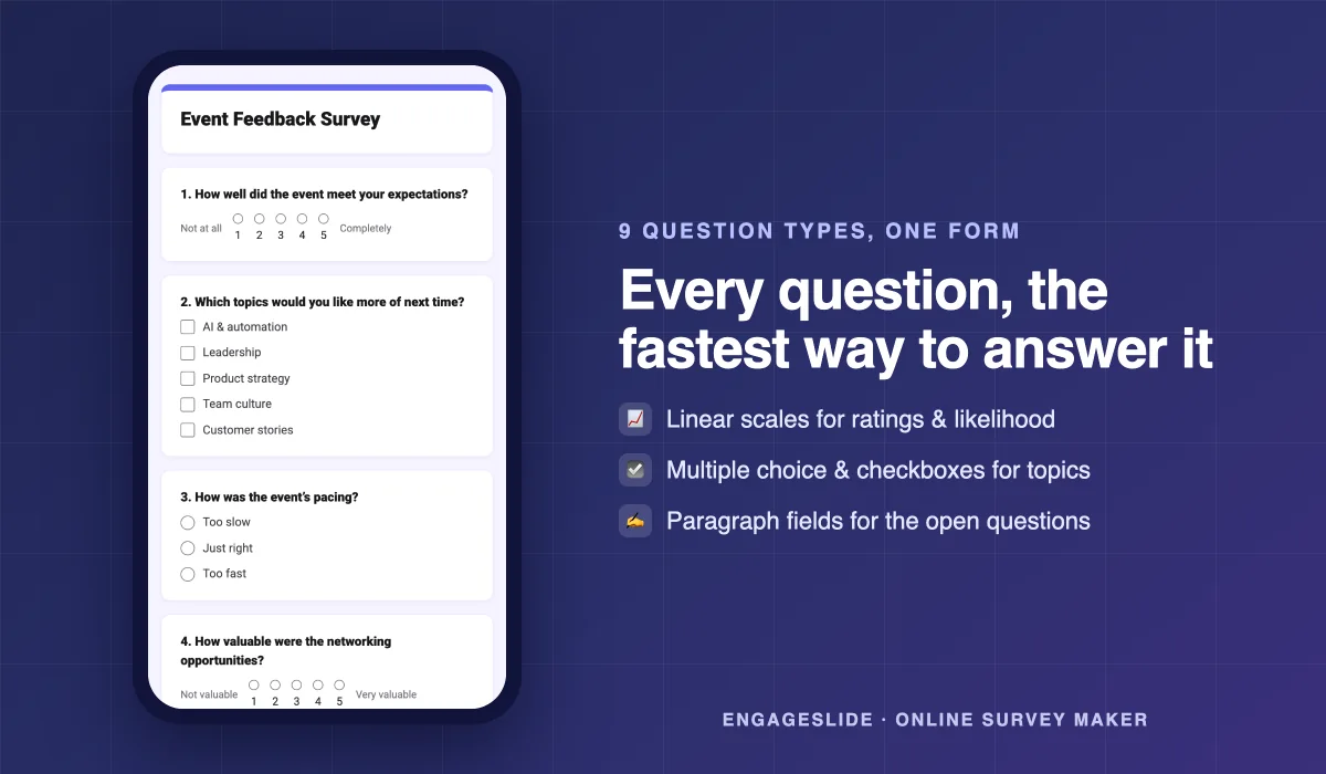 An event feedback survey with rating, checkbox and open questions in EngageSlide