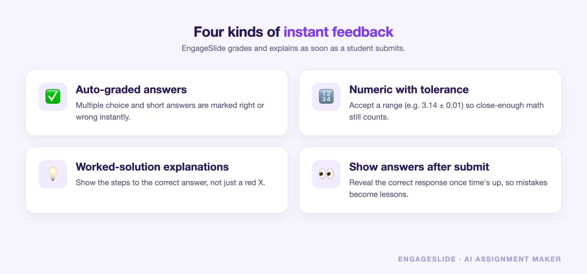 Four kinds of instant feedback: auto-graded answers, numeric with tolerance, worked-solution explanations, and show answers after submit