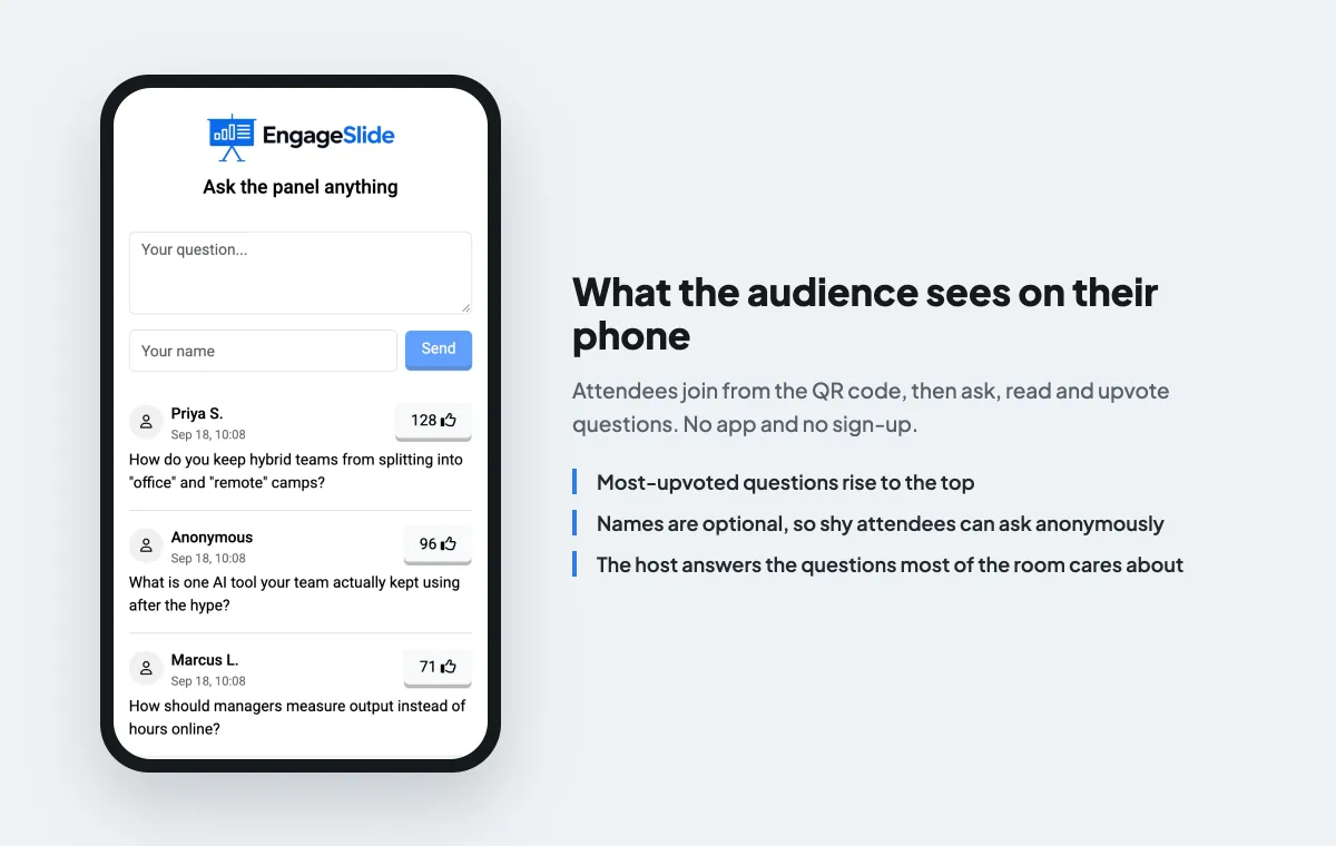Real EngageSlide audience Q&A on a phone, with conference questions sorted by upvotes and an anonymous question