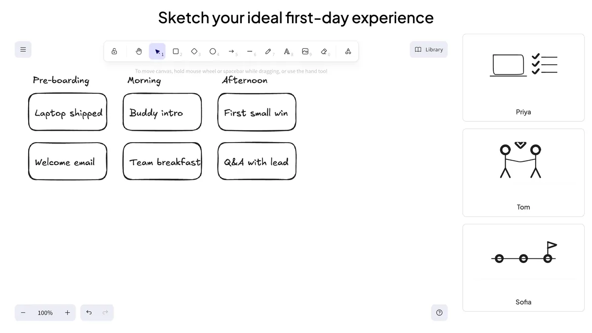 EngageSlide live whiteboard slide with host clusters on the board and audience sketch submissions from Priya, Tom and Sofia