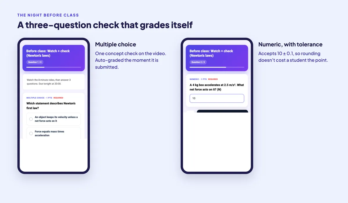 Pre-class EngageSlide assignment on a phone: an auto-graded multiple choice question and a numeric question with tolerance