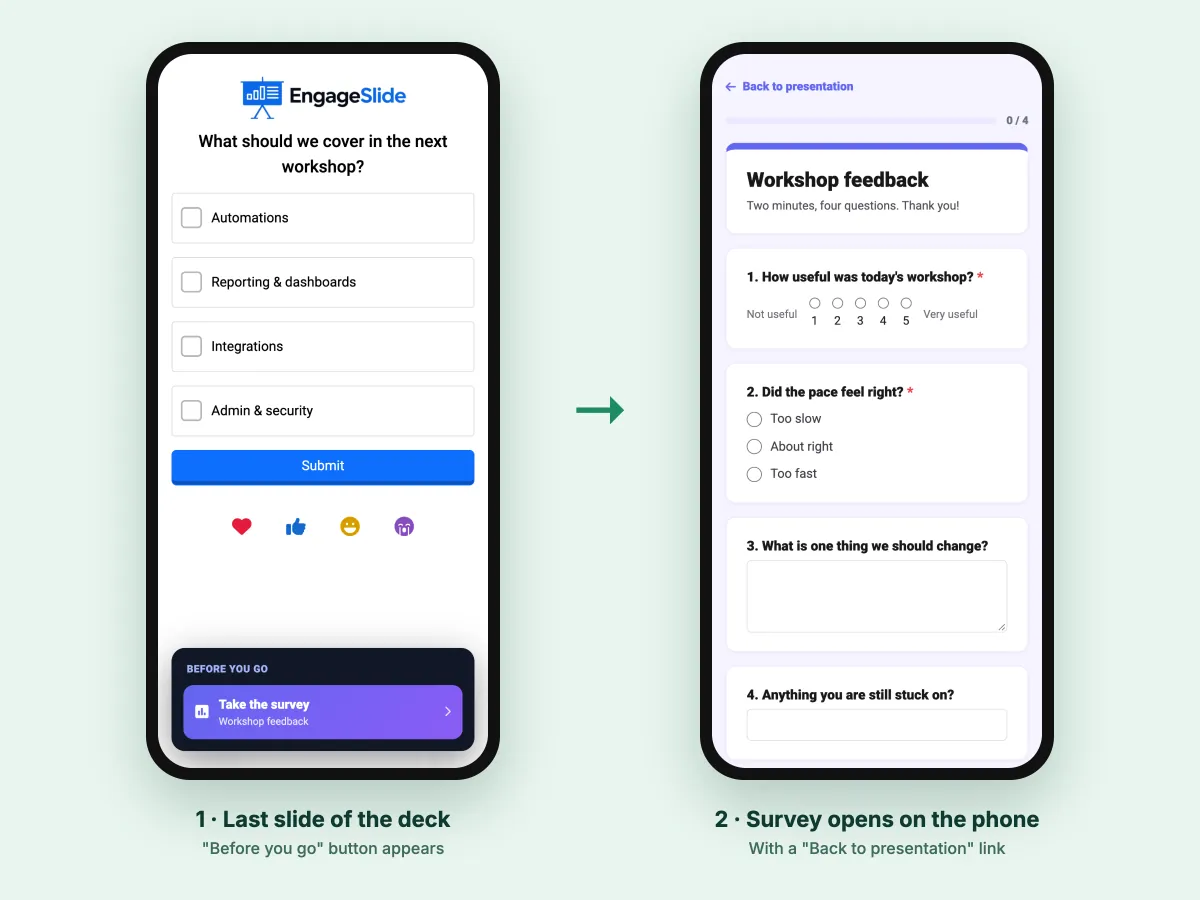 Survey linked to presentation: the audience sees a Take the survey button on the last slide, then the feedback survey opens on the phone