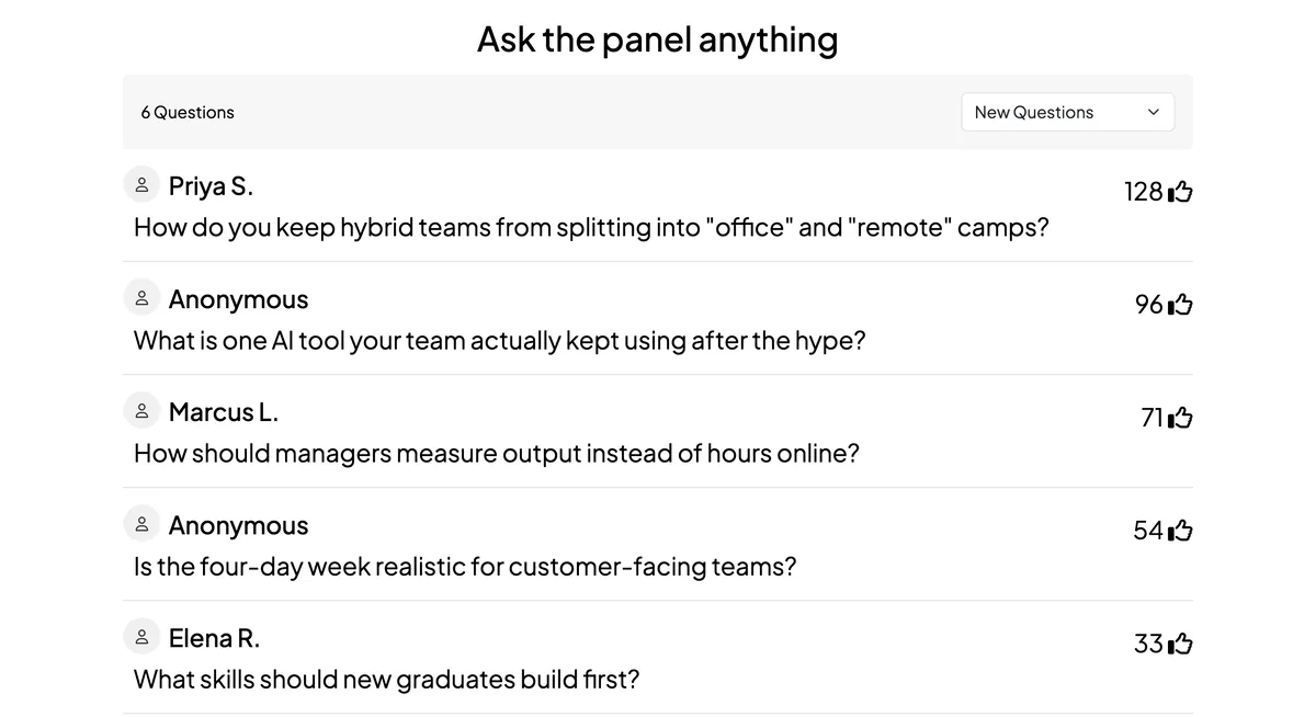 EngageSlide live Q&A in present mode showing audience questions sorted with upvote counts and anonymous questions