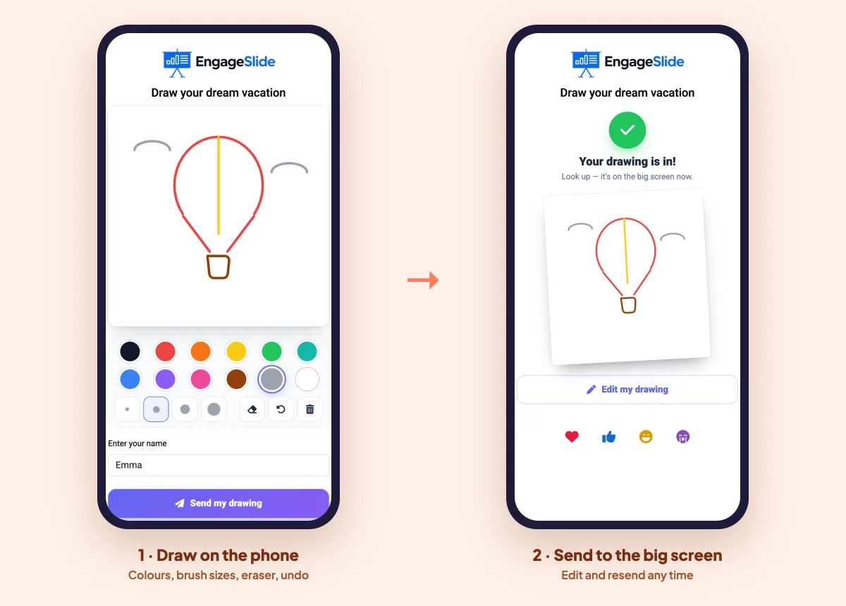 Audience drawing activity on a phone: a participant sketches a hot air balloon and sends it to the big screen in EngageSlide