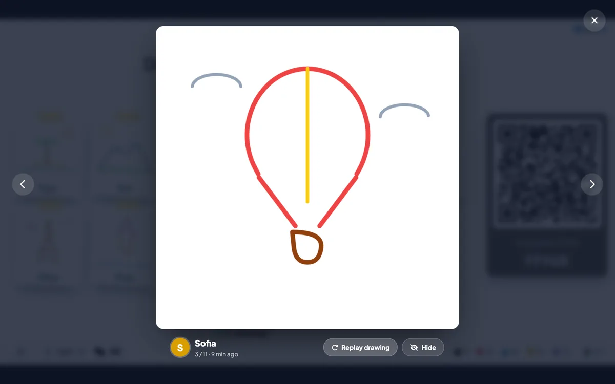 A participant's drawing zoomed in on the big screen with Replay drawing and Hide buttons in EngageSlide