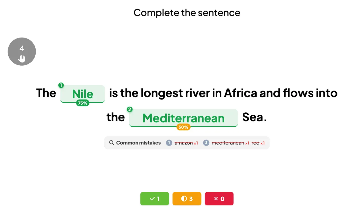 Fill in the blank answer reveal on the big screen with percent correct per blank and common mistakes