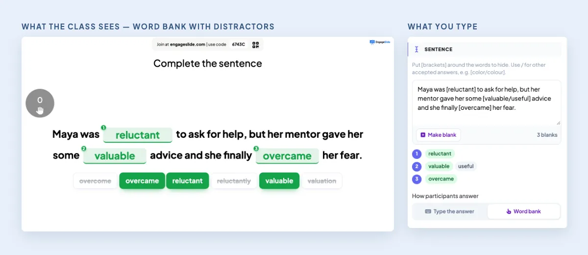 EngageSlide vocabulary fill in the blank quiz editor with bracketed words, accepted alternatives and a word bank with distractors