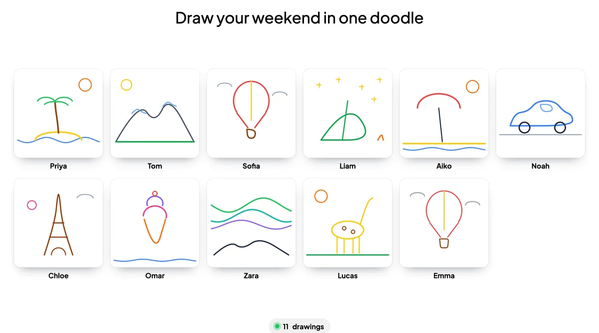 EngageSlide Draw slide gallery in grid layout showing a remote team's weekend doodles with names