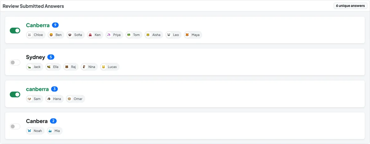 EngageSlide Review Submitted Answers panel with switches to accept more answers on a type answer question