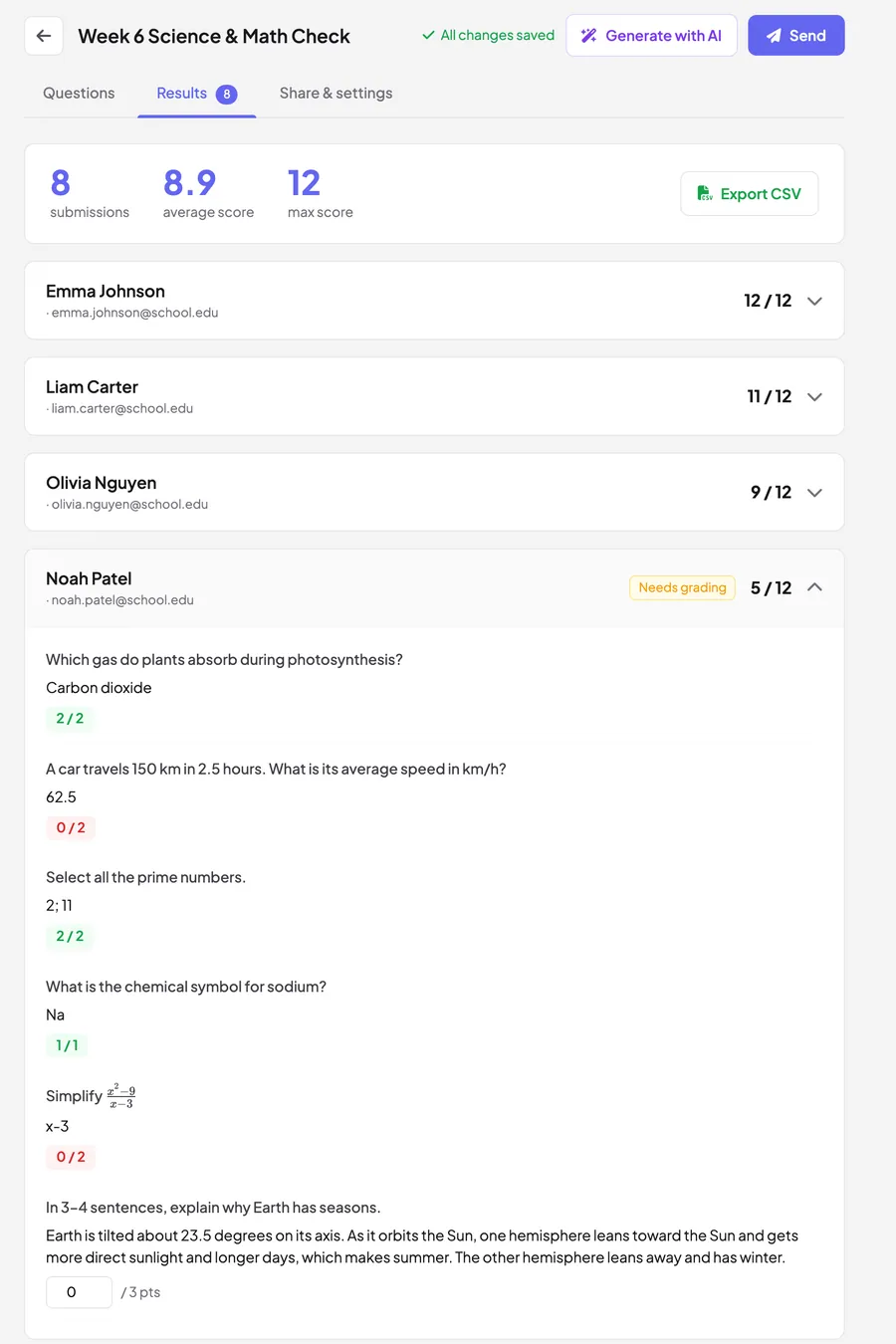 EngageSlide assignment gradebook showing auto-graded scores per student, class average, and an essay flagged Needs grading