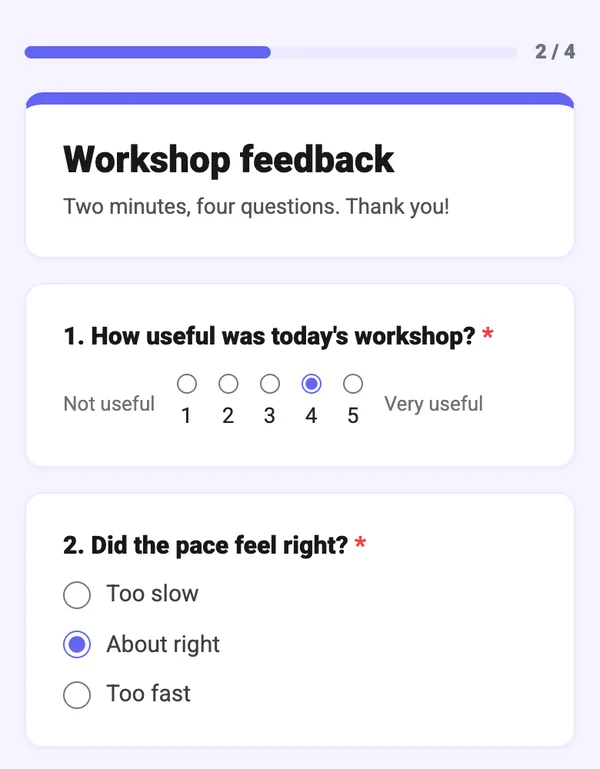 Post-session feedback survey on a phone with a 1 to 5 rating question and a pace question, used to measure presentation success