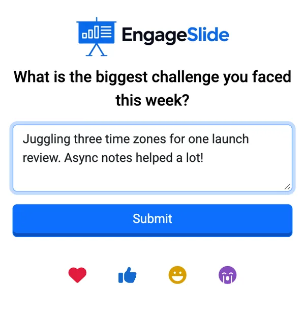 Remote team icebreaker question on a phone: an open-ended check-in asking about the biggest challenge of the week, with a typed answer