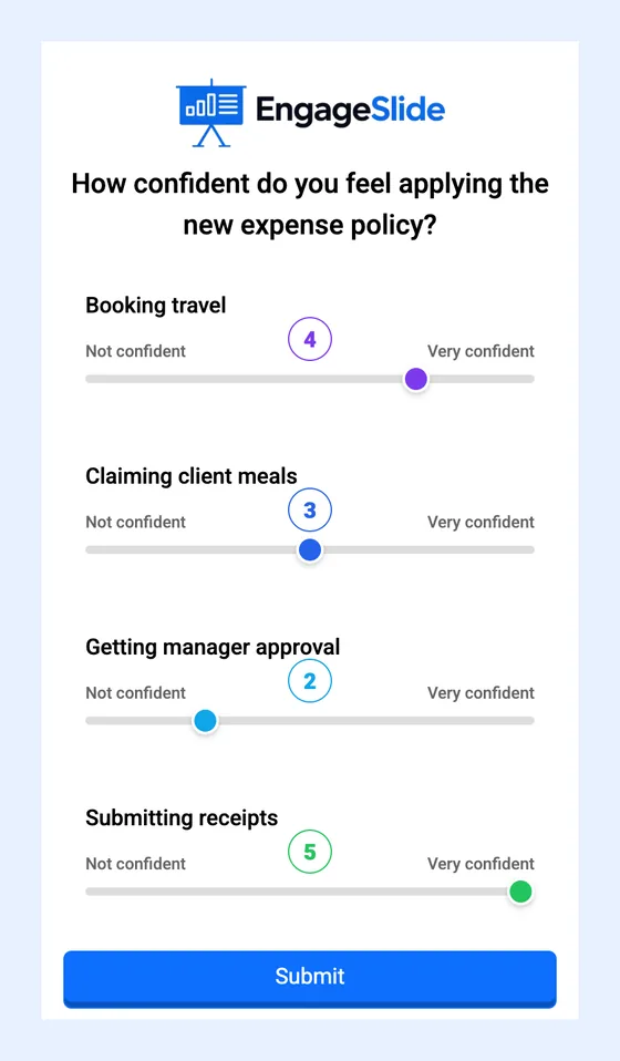 Remote training confidence check: a Scale question on an employee's phone rating confidence with the new expense policy