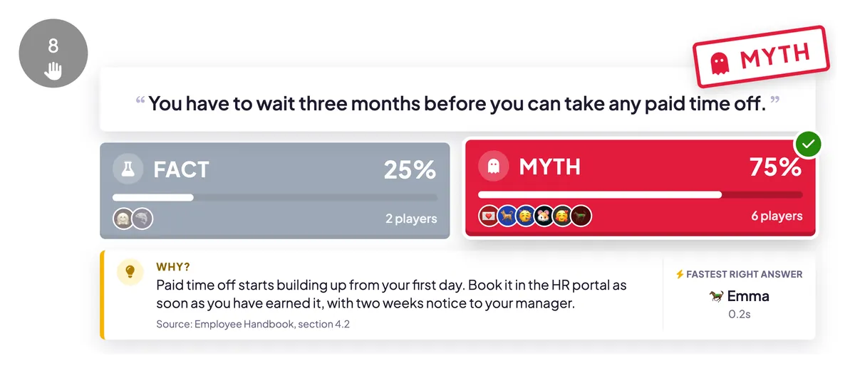Onboarding quiz Fact or Myth reveal in EngageSlide showing a 25% Fact and 75% Myth split, a MYTH verdict stamp and a Why card with the paid time off policy