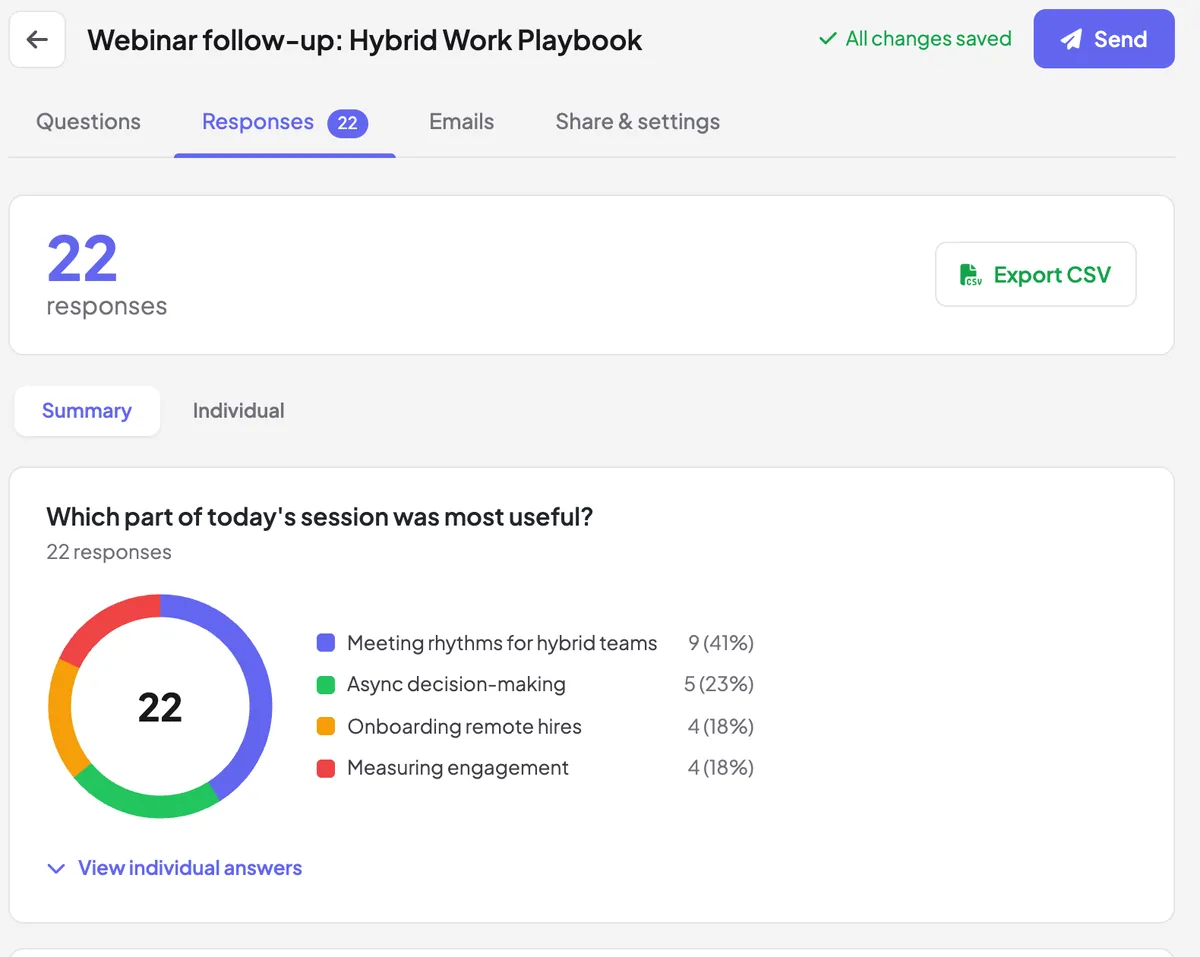 Virtual event lead capture survey results in EngageSlide showing 22 responses, a summary chart of the most useful session topics and an Export CSV button
