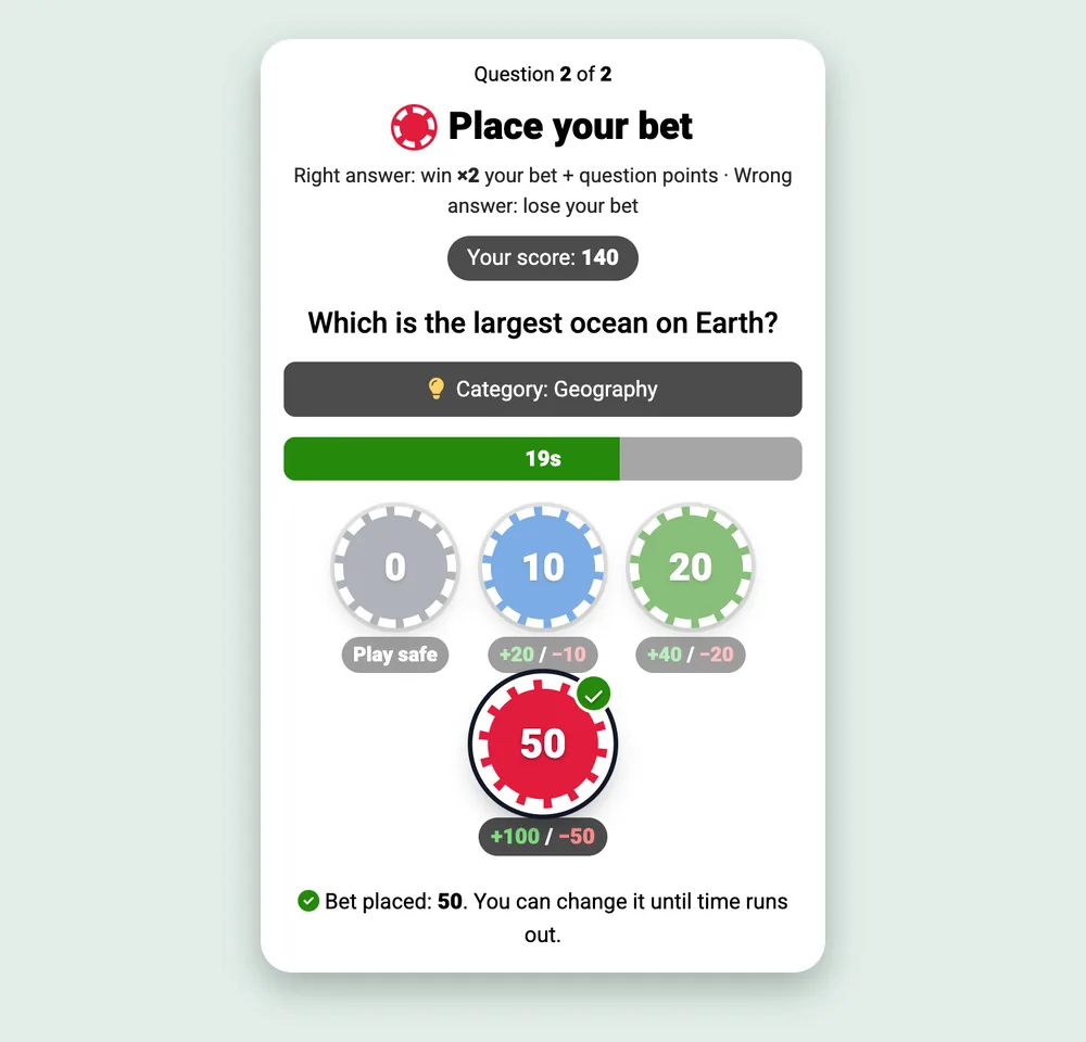 Student phone showing the EngageSlide wager quiz bet screen with a Play safe chip and 10, 20 and 50 point chips