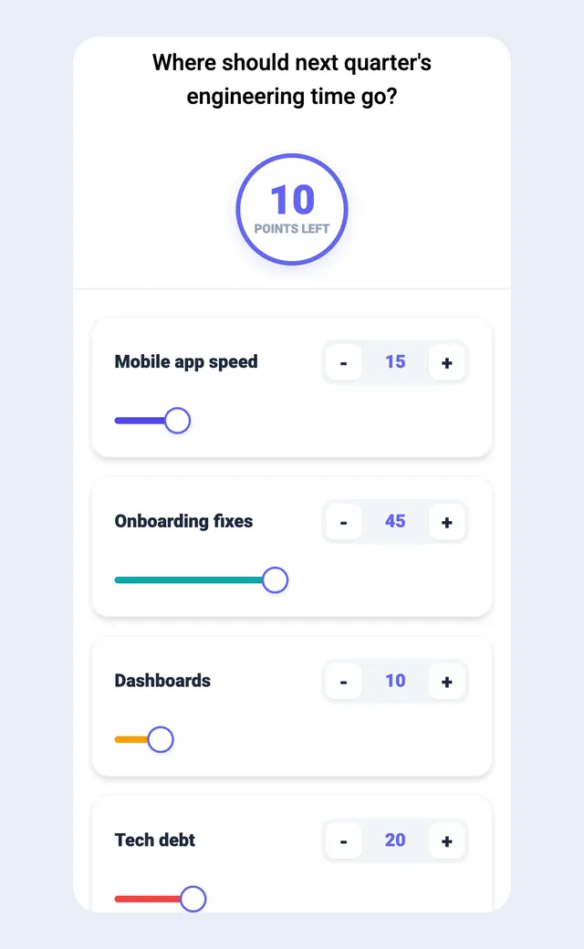 Audience phone screen in EngageSlide allocating 100 points across roadmap options with 10 points left
