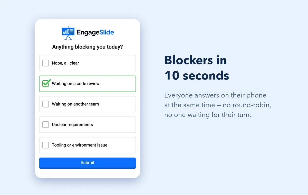 EngageSlide live poll on a phone asking 'Anything blocking you today?' during a daily stand-up meeting