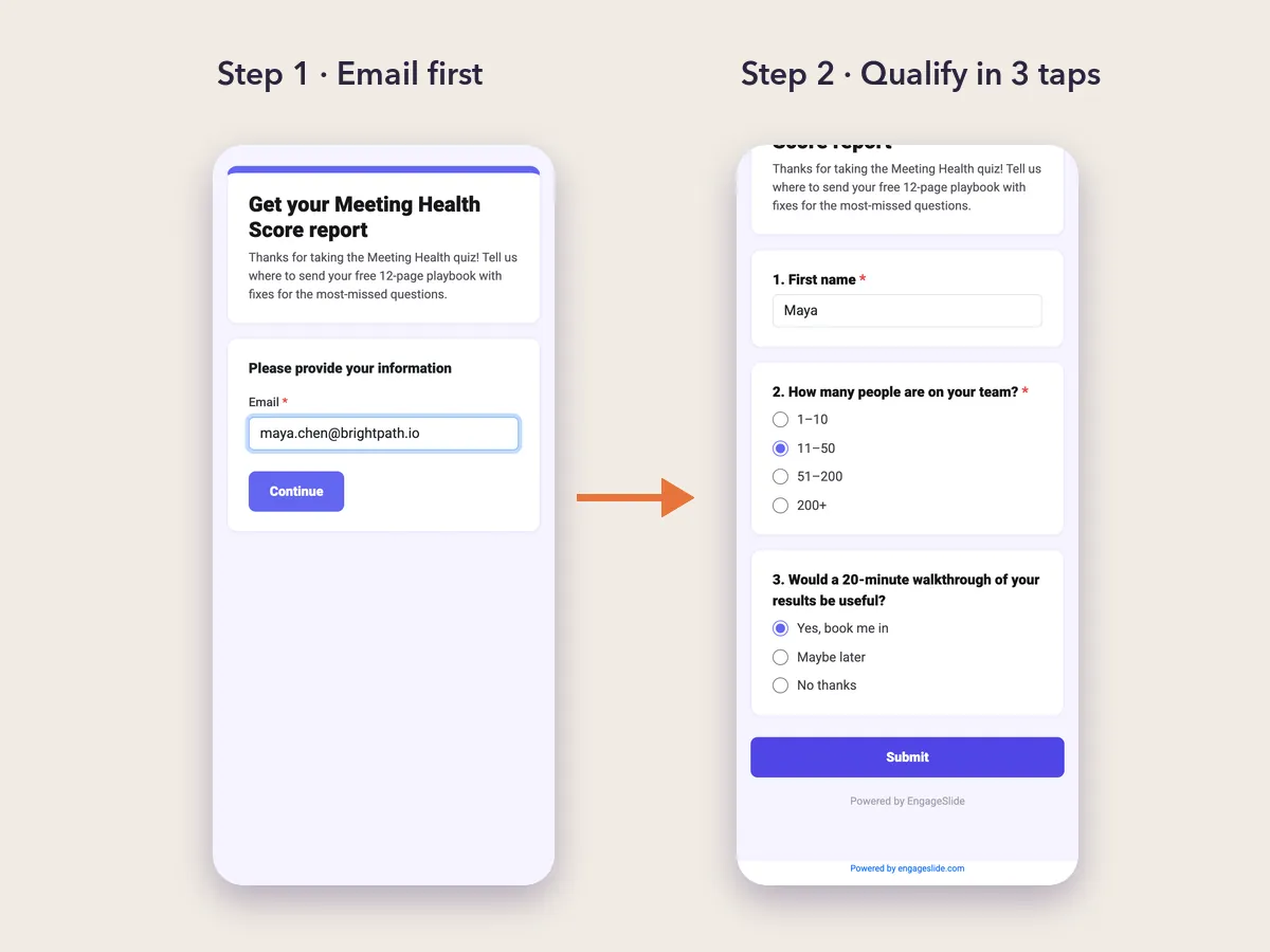 Quiz lead magnet follow-up survey on a phone: email capture screen, then three qualifying questions in the EngageSlide audience app