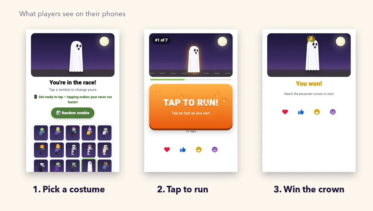 Zombie Race on a phone: costume picker, tap to run button with live rank, and the you won screen