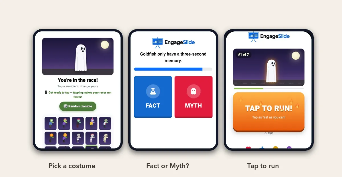 Halloween activities for work on a phone: Zombie Race costume picker, a Fact or Myth question and the tap to run button
