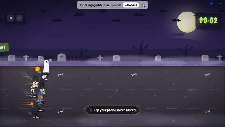 Zombie Race Halloween activity for work: costumed racers run across a moonlit graveyard as colleagues tap their phones