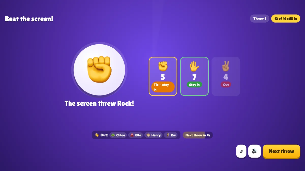 Rock Paper Scissors på EngageSlide store skærm: skærmen kastede papir, kolonner viser hvor mange spillere valgte sten, papir og saks, og hvem der er ude