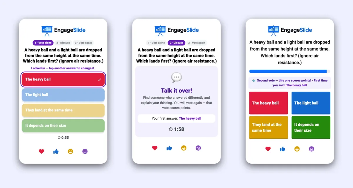 Three real EngageSlide phone screens: vote alone with no points, Talk it over during the discussion, and the scored second vote