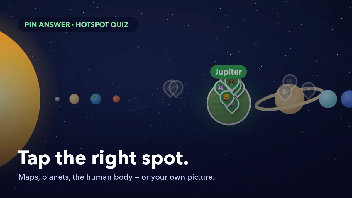 पिन उत्तरः हॉटस्पॉट Quiz प्रश्न जहां खिलाड़ी सही स्थान पर टैप करते हैं