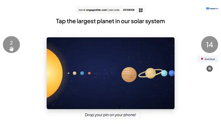 Pin Answer reveal on the EngageSlide big screen: pins drop on the solar system and Jupiter lights up green with 62% pinned the right spot
