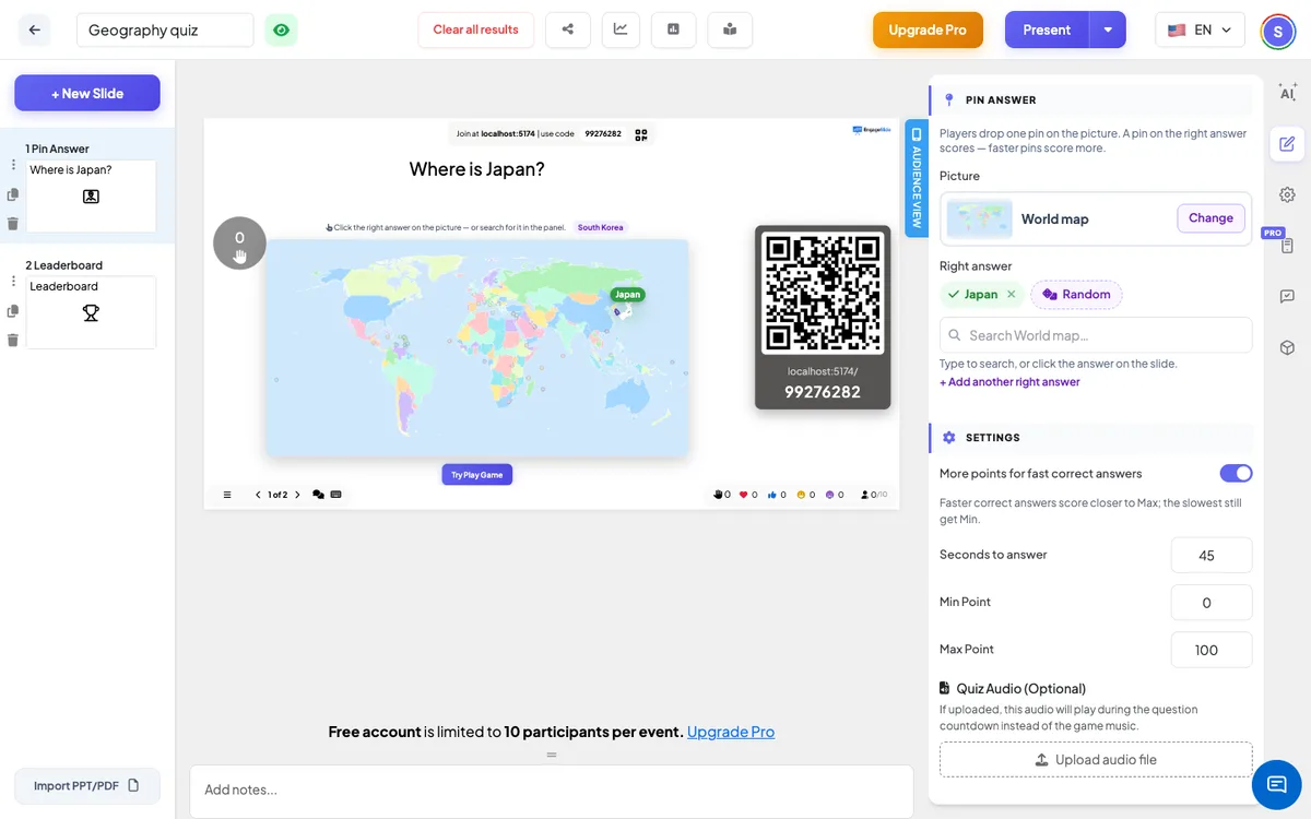 The Pin Answer editor in EngageSlide: pick a ready-made map, search for the answer, and the question is written for you