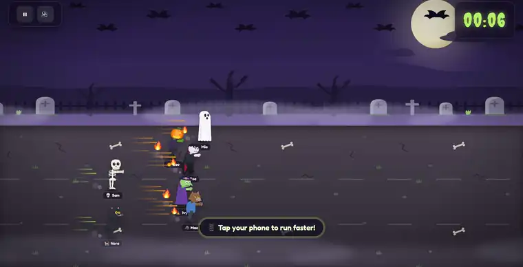 Zombie-Race-Halloween-Spiel auf der großen Leinwand: Kostümierte Rennfahrer springen über einen Mondlicht-Gefriedhof zur Ziellinie, während die Spieler ihr Handy anrufen
