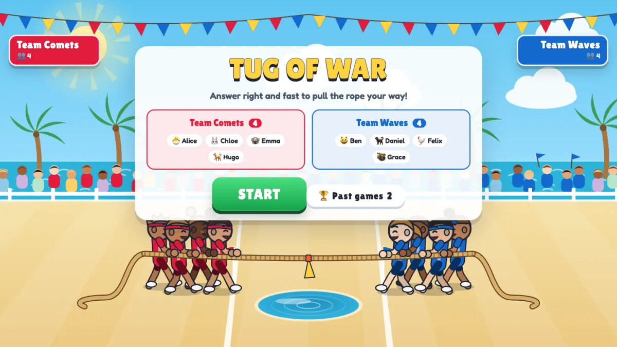 Tug of War-Klassenzimmer-Teamspiel Lobby in EngageSlide mit acht Schülern automatisch in zwei ausgewogene Teams von vier aufgeteilt
