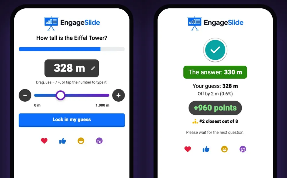 Domanda di stima EngageSlide su un telefono: immagine di 328 m per la Torre Eiffel, poi la schermata di risultato che mostra di 2 m, +960 punti e il numero 2 più vicino