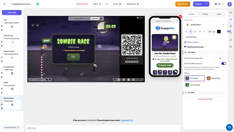EngageSlide-presentatie-editor met een enquête, word cloud, quiz, leaderboard, Q&A en Zombie Race-game in één dialijst, enquête- en toewijzingsknoppen in de bovenste balk, en de slide type picker open