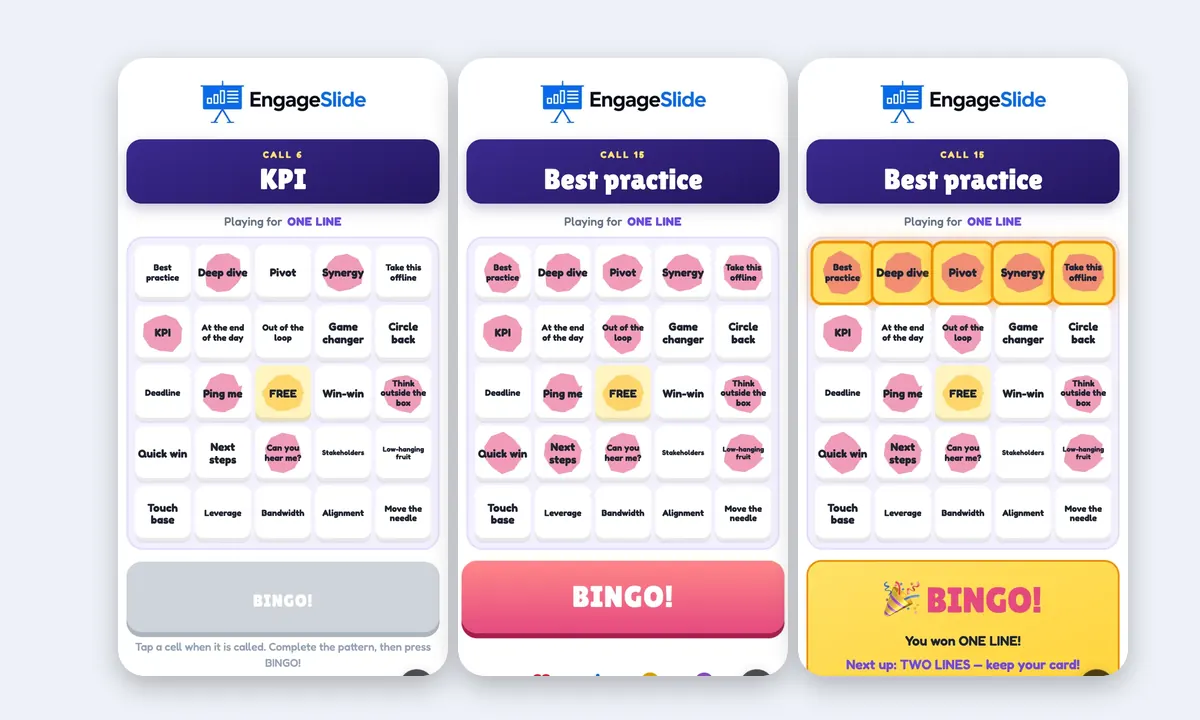 Spotkanie bingo przez telefon: osobista karta z buzzwordem, przycisk BINGO rozświetlający się i ekran wygranej