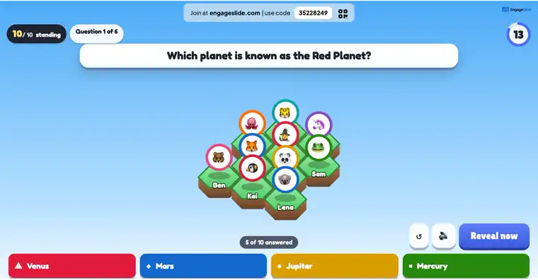 Real EngageSlide classroom review game on the big screen: students on floating tiles answer a question and four players fall after the reveal