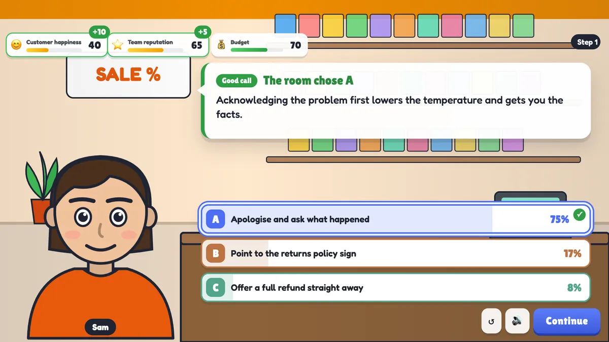 Customer service training scenario in EngageSlide: the team chose to apologise and ask what happened, with 75% of votes and the customer happiness meter rising