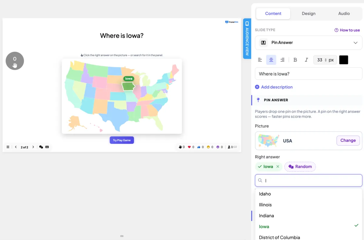 Map quiz game editor in EngageSlide: the USA board with Iowa as the right answer and the search list showing Idaho, Illinois, Indiana and Iowa