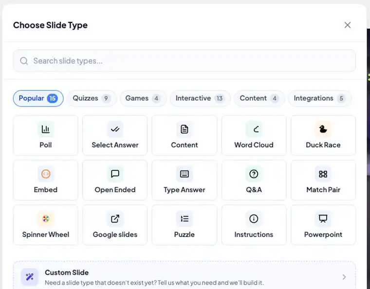 EngageSlide slide type picker on a free account, browsing Popular, Quizzes and Games slide types such as Poll, Word Cloud, Select Answer, Zombie Race and Draw and Guess