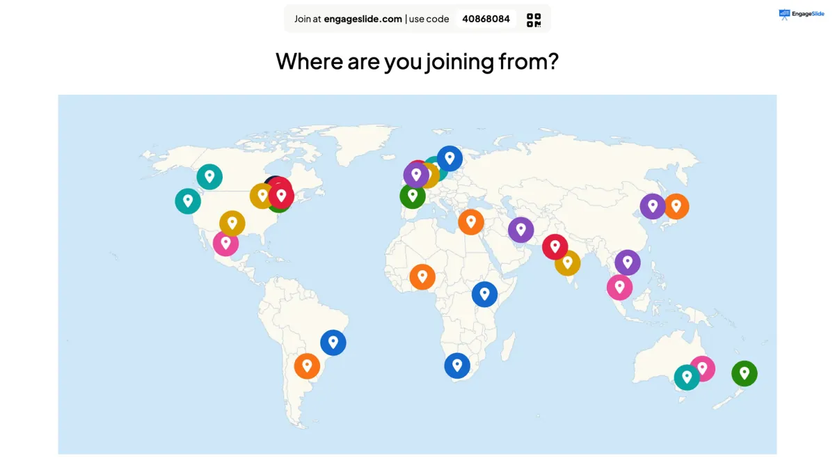 EngageSlide Pin on Image slide on the big screen: colourful pins from every participant on a world map for the question Where are you joining from