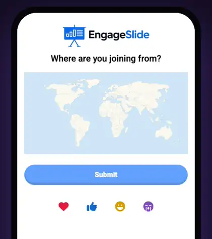 Participant phone in EngageSlide: tapping the world map to place a pin, then pressing Submit